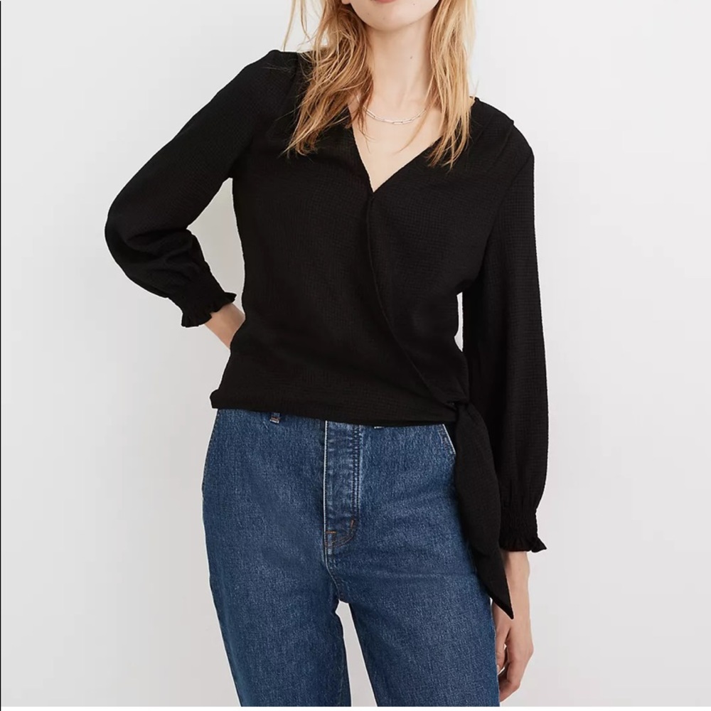 Madewell Black Smocked-Sleeve Wrap Top Small